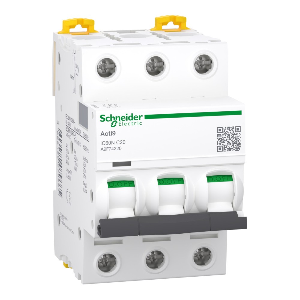 Disjoncteur miniature (MCB), Acti9 iC60N, 3P, 16A, courbe C, 6000A (IEC/EN 60898-1), 10kA (IEC/EN 60947-2)