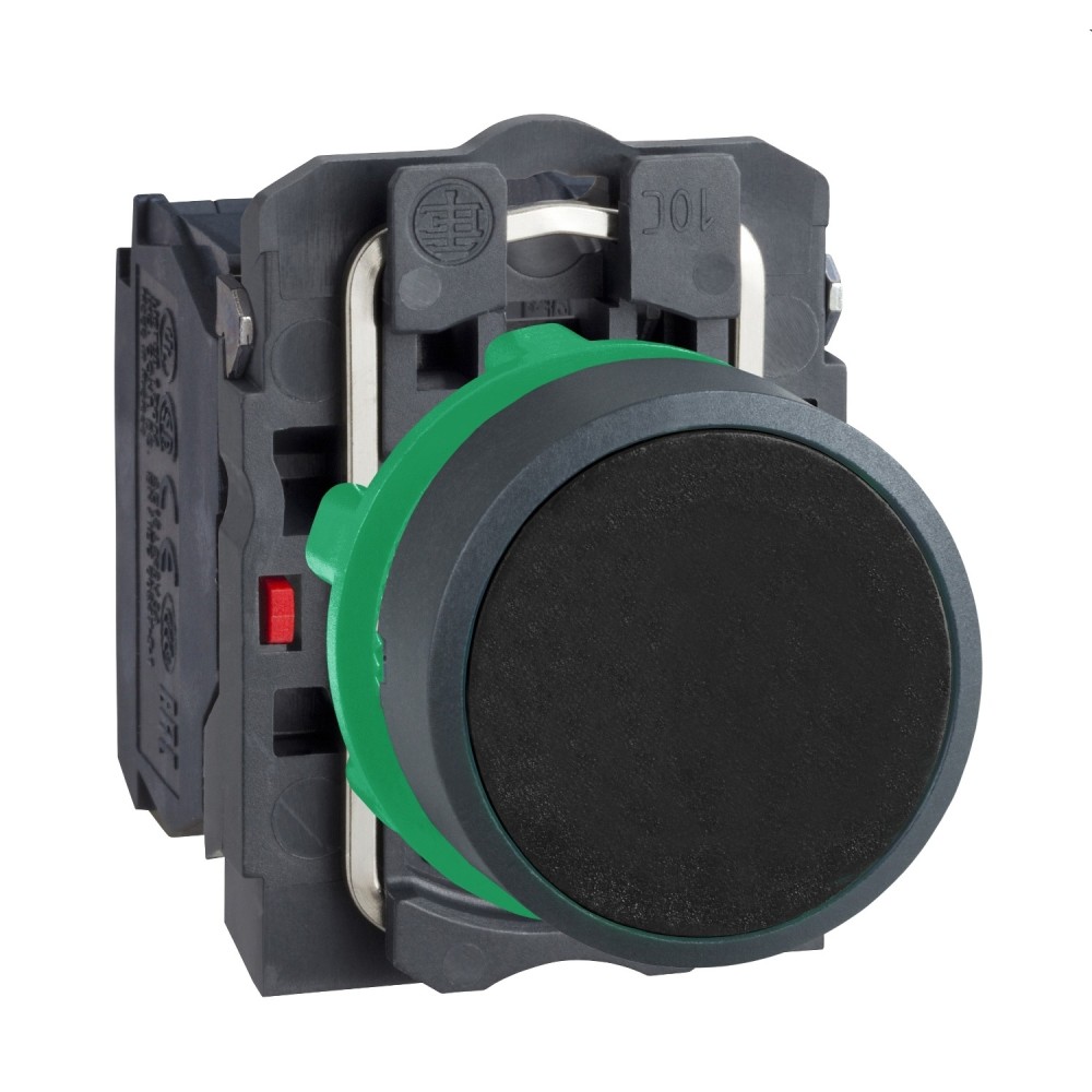 Bouton-poussoir, Harmony XB5, plastique, affleurant, noir, 22mm, rappel par ressort, non marqué, 1NO