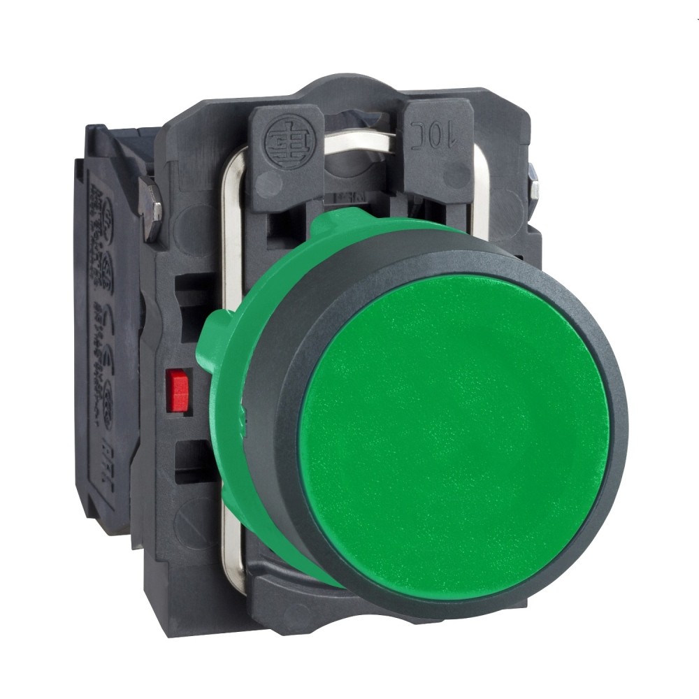 Bouton-poussoir, Harmony XB5, plastique, affleurant, vert, 22mm, rappel par ressort, non marqué, 1NO